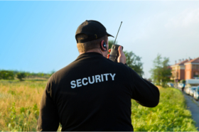 Back of a security guard holding a communication device